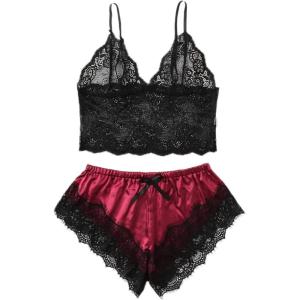 imageSOLY HUX Womens Plus Size Lingerie Set Spaghetti Strap Lace Trim Bralette and Shorts Sleepwear Pajama SetMulticoloured