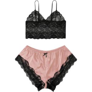 imageSOLY HUX Womens Plus Size Lingerie Set Spaghetti Strap Lace Trim Bralette and Shorts Sleepwear Pajama SetPink and Black Satin