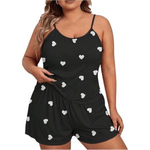 imageSOLY HUX Womens Plus Size Pajama Set Cute Cartoon Print Sleepwear Cami Top and Shorts LoungewearBlack Heart