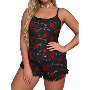 imageSOLY HUX Womens Plus Size Pajama Set Cute Cartoon Print Sleepwear Cami Top and Shorts LoungewearBlack Lips