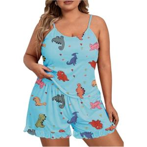 imageSOLY HUX Womens Plus Size Pajama Set Cute Cartoon Print Sleepwear Cami Top and Shorts LoungewearBlue Dinosaur