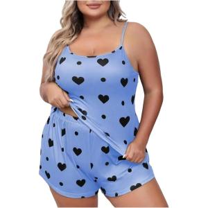 imageSOLY HUX Womens Plus Size Pajama Set Cute Cartoon Print Sleepwear Cami Top and Shorts LoungewearBlue Heart