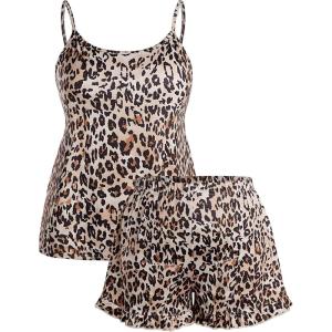 imageSOLY HUX Womens Plus Size Pajama Set Cute Cartoon Print Sleepwear Cami Top and Shorts LoungewearBrown Leopard