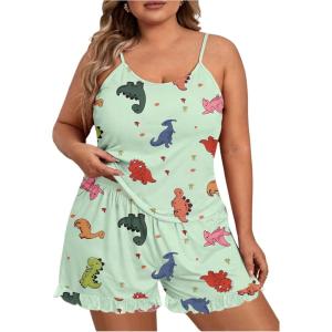 imageSOLY HUX Womens Plus Size Pajama Set Cute Cartoon Print Sleepwear Cami Top and Shorts LoungewearGreen Dinosaur