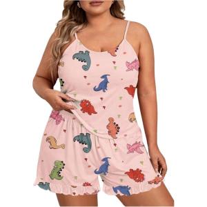 imageSOLY HUX Womens Plus Size Pajama Set Cute Cartoon Print Sleepwear Cami Top and Shorts LoungewearPink Dinosaur