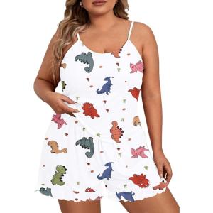 imageSOLY HUX Womens Plus Size Pajama Set Cute Cartoon Print Sleepwear Cami Top and Shorts LoungewearWhite Dinosaur