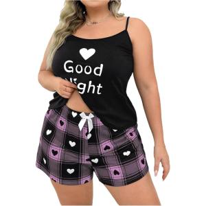 imageSOLY HUX Womens Plus Size Pajama Set Heart Graphic Cami Tops and Plaid Shorts Sleepwear LoungewearBlack Heart