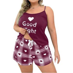 imageSOLY HUX Womens Plus Size Pajama Set Heart Graphic Cami Tops and Plaid Shorts Sleepwear LoungewearRed Violet Heart
