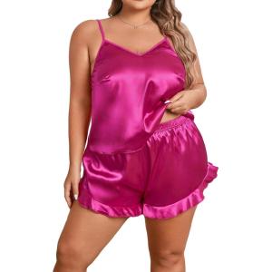 imageSOLY HUX Womens Plus Size Silk Satin Pajama Set Cami Top and Ruffle Hem Shorts Lounge SleepwearPlain Hotpink