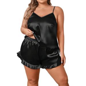 imageSOLY HUX Womens Plus Size Silk Satin Pajama Set Cami Top and Ruffle Hem Shorts Lounge SleepwearPure Black