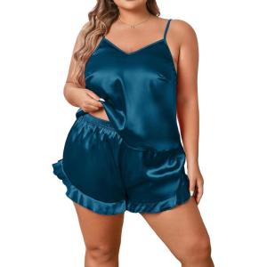 imageSOLY HUX Womens Plus Size Silk Satin Pajama Set Cami Top and Ruffle Hem Shorts Lounge SleepwearPure Teal Blue