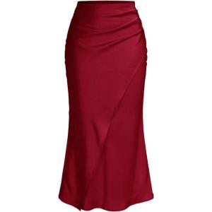 imageSOLY HUX Womens Satin Maxi Skirt Elegant Wrap High Waisted Ruched Fishtail Dressy Casual SkirtsPlain Burgundy