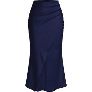 imageSOLY HUX Womens Satin Maxi Skirt Elegant Wrap High Waisted Ruched Fishtail Dressy Casual SkirtsPlain Dark Blue