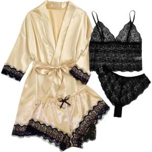 imageSOLY HUX Womens Satin Pajama Set 4pcs Floral Lace Trim Cami Lingerie Sleepwear with RobeBeige and Black