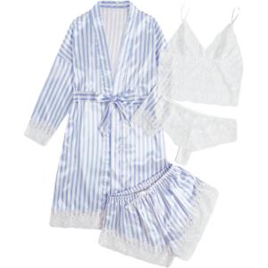 imageSOLY HUX Womens Satin Pajama Set 4pcs Floral Lace Trim Cami Lingerie Sleepwear with RobeBlue Striped