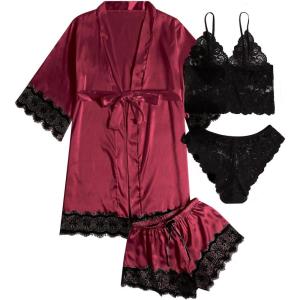 imageSOLY HUX Womens Satin Pajama Set 4pcs Floral Lace Trim Cami Lingerie Sleepwear with RobeBurgundy Solid