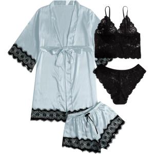 imageSOLY HUX Womens Satin Pajama Set 4pcs Floral Lace Trim Cami Lingerie Sleepwear with RobeLight Blue Solid