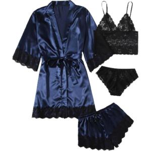 imageSOLY HUX Womens Satin Pajama Set 4pcs Floral Lace Trim Cami Lingerie Sleepwear with RobeNavy and Black