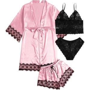 imageSOLY HUX Womens Satin Pajama Set 4pcs Floral Lace Trim Cami Lingerie Sleepwear with RobePink and Black
