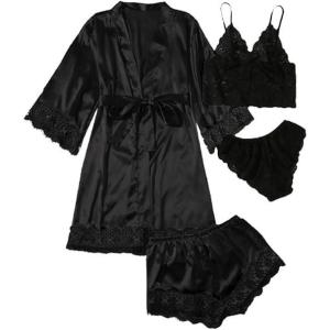 imageSOLY HUX Womens Satin Pajama Set 4pcs Floral Lace Trim Cami Lingerie Sleepwear with RobePlain Black Satin