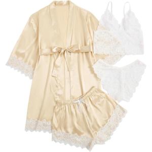 imageSOLY HUX Womens Satin Pajama Set 4pcs Floral Lace Trim Cami Lingerie Sleepwear with RobePlain Champagne Satin