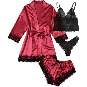imageSOLY HUX Womens Satin Pajama Set 4pcs Floral Lace Trim Cami Lingerie Sleepwear with RobePure Burgundy