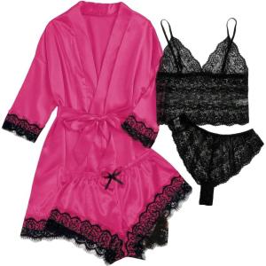 imageSOLY HUX Womens Satin Pajama Set 4pcs Floral Lace Trim Cami Lingerie Sleepwear with RobePure Pink and Black
