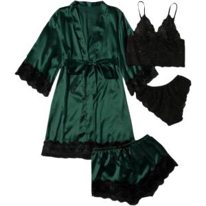 imageSOLY HUX Womens Satin Pajama Set 4pcs Floral Lace Trim Cami Lingerie Sleepwear with RobeSatin Dark Green