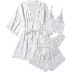 imageSOLY HUX Womens Satin Pajama Set 4pcs Floral Lace Trim Cami Lingerie Sleepwear with RobeWhite Solid