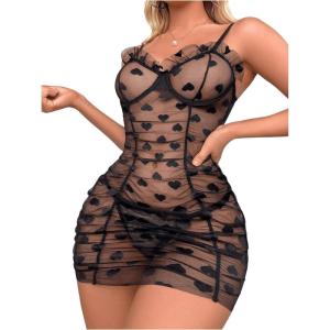 imageSOLY HUX Womens Sexy Heart Mesh See Through Lingerie Babydoll Sleepwear Sleeveless Ruffle Chemise Nightgown with ThongPlain Black
