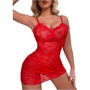 imageSOLY HUX Womens Sexy Heart Mesh See Through Lingerie Babydoll Sleepwear Sleeveless Ruffle Chemise Nightgown with ThongPlain Red