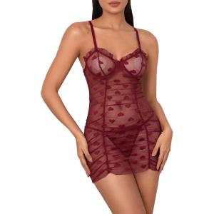 imageSOLY HUX Womens Sexy Heart Mesh See Through Lingerie Babydoll Sleepwear Sleeveless Ruffle Chemise Nightgown with ThongPure Burgundy