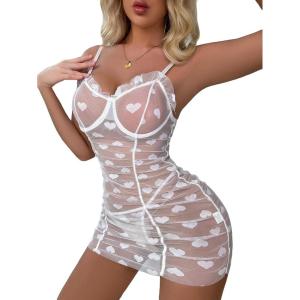 imageSOLY HUX Womens Sexy Heart Mesh See Through Lingerie Babydoll Sleepwear Sleeveless Ruffle Chemise Nightgown with ThongPure White