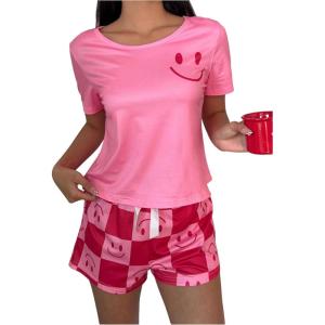 imageSOLY HUX Womens Short Pajama Set Satin Silk Loungewear Graphic Short Sleeve Top Shorts Sleepwear 2 PiecePink Graphic