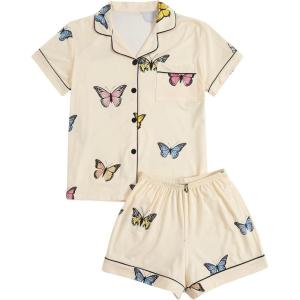 imageSOLY HUX Womens Short Pajamas Set Cute Printed Button Short Sleeve Shirt with Shorts Sleepwear PJs SetApricot Butterfly