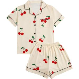 imageSOLY HUX Womens Short Pajamas Set Cute Printed Button Short Sleeve Shirt with Shorts Sleepwear PJs SetApricot Cherry
