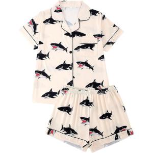 imageSOLY HUX Womens Short Pajamas Set Cute Printed Button Short Sleeve Shirt with Shorts Sleepwear PJs SetApricot Shark