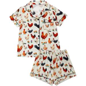 imageSOLY HUX Womens Short Pajamas Set Cute Printed Button Short Sleeve Shirt with Shorts Sleepwear PJs SetBeige Rooster