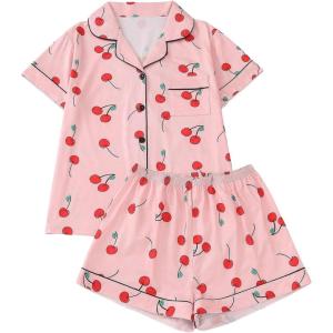 imageSOLY HUX Womens Short Pajamas Set Cute Printed Button Short Sleeve Shirt with Shorts Sleepwear PJs SetPink Cherry