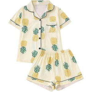 imageSOLY HUX Womens Short Pajamas Set Cute Printed Button Short Sleeve Shirt with Shorts Sleepwear PJs SetYellow Pineapple