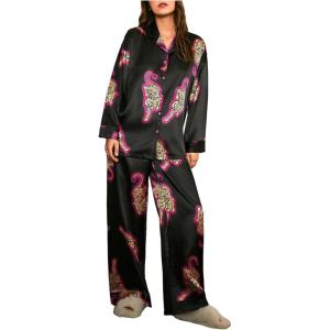 imageSOLY HUX Womens Silk Pajama Set Leopard Print Satin Sleepwear Long Sleeve Button Down Shirt and Pants SetsBlack Leopard