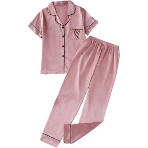 imageSOLY HUX Womens Silk Satin Pajama Set Heart Embroidery Sleepwear Short Sleeve Button Down Shirt and Pants SetsPink Heart