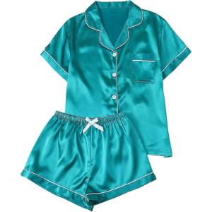 imageSOLY HUX Womens Silk Satin Pajamas Short Sleeve Button Down Sleepwear Loungewear Shorts Set 2 PieceDark Green