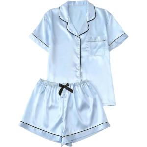 imageSOLY HUX Womens Silk Satin Pajamas Short Sleeve Button Down Sleepwear Loungewear Shorts Set 2 PieceLight Blue