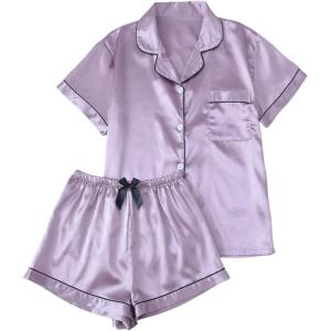 imageSOLY HUX Womens Silk Satin Pajamas Short Sleeve Button Down Sleepwear Loungewear Shorts Set 2 PieceLilac Purple