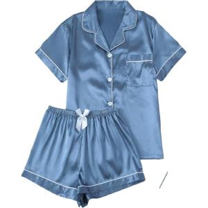 imageSOLY HUX Womens Silk Satin Pajamas Short Sleeve Button Down Sleepwear Loungewear Shorts Set 2 PiecePlain Blue