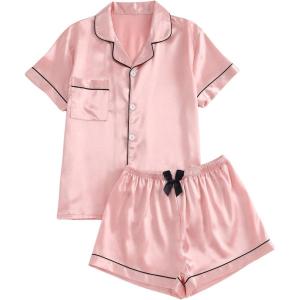 imageSOLY HUX Womens Silk Satin Pajamas Short Sleeve Button Down Sleepwear Loungewear Shorts Set 2 PiecePlain Pink