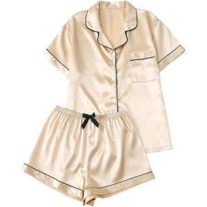 imageSOLY HUX Womens Silk Satin Pajamas Short Sleeve Button Down Sleepwear Loungewear Shorts Set 2 PiecePlain Yellow