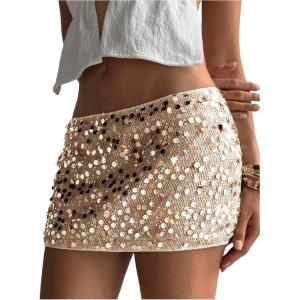 imageSOLY HUX Womens Sparkly Sequin Mini Skirt Low Rise Bodycon Party Club Going Out Skirts with Shorts UnderneathPlain Champagne