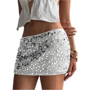 imageSOLY HUX Womens Sparkly Sequin Mini Skirt Low Rise Bodycon Party Club Going Out Skirts with Shorts UnderneathPlain White